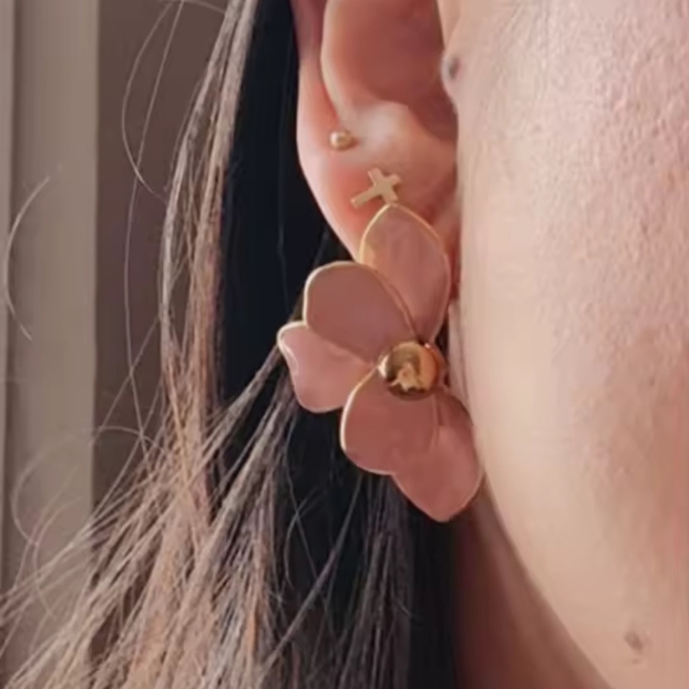 Romantic Petal Cream Flower Stud Earrings – Gold Trim Statement Earrings - Picture 7 of 11